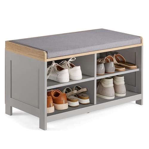 Image of VonHaus Shoe Storage Bench with Padded Seat - Grey Hallway Bench & 4 Open Storage Shelves - Multifunctional Hall Footwear Unit with Wood Effect Top - Storage Solutions for Entryway & Porch - Ash Hall