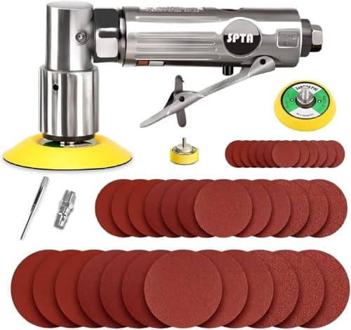 Image of Mini Air Sander, SPTA 25mm/50mm/80mm mini air Grinder Sets, Random Air Orbital Sander Car Polisher Sets, with 36 Mixed Grit Sanding Disc Pads 3 Backing Plate for Sanding and Polishing-ASOSS3SET