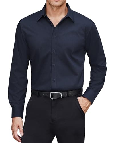 Image of J.VER Mens Shirts Long Sleeve Formal Business Casual Button Down Shirt Stretch Regular Fit Non Iron Dress Tops for Work Office Interview Dinner Navy Blue M