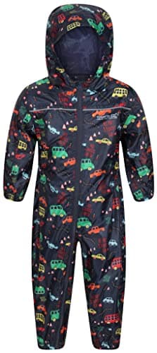 Image of Regatta Kids puddle suit - all in one waterproof for kids - Breathable and rain proof hooded outdoor warm Puddlesuit - reflective trim and taped Seams - playsuit For Boys and Girls