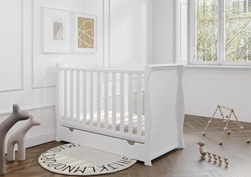 Image of Viculii Willow Baby Sleigh Mini Cot Bed with Drawer + Bamboo Mattress 120x60x10cm | 3 in 1 Baby Cot Converts to Toddler Bed Junior Bed (White)
