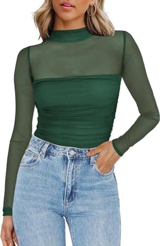 Image of Zeagoo Women Sheer Mesh Long Sleeve Ruched Mock Neck Fitted Top See Through Going Out Party Blouse Layering Shirt Green L