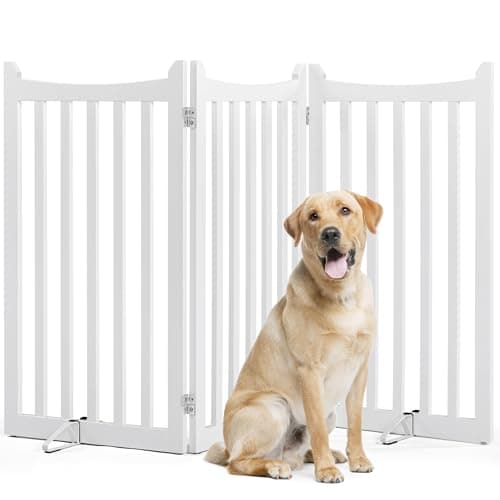 Image of Yaheetech Freestanding Pet Gate Indoor 3-Panel Wooden Dog Gates for Small Medium Dogs, Foldable Puppy Fence with 2 Support Feet,Pets Door for Doorways/Stairs/Halls/Kitchen (White,91cm H X 152cm L)