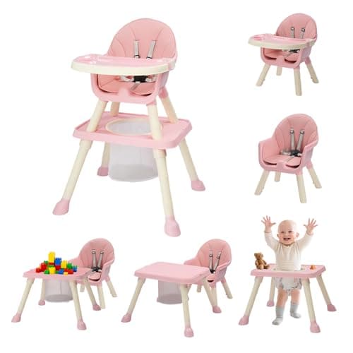 Image of Bonnlo 6-in-1 Convertible Baby High Chair, Adjustable Height with Removable Double Tray & Building Block Table, Multi-Functional Highchair for Toddlers 6-36 Months (Pink)
