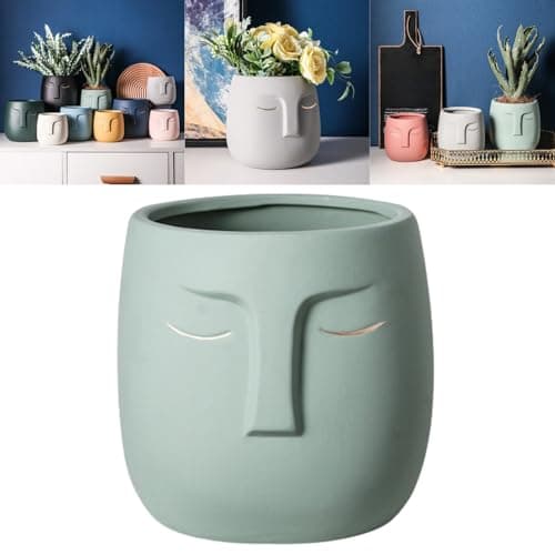 Image of Boxonly Face Planter (Dark Green, Small, With Hole, Without Tray) - Ceramic Plant Pot for Succulents, Flowers, and Small Plants - Nordic Minimalist Vase for Indoor and Outdoor Home Decor