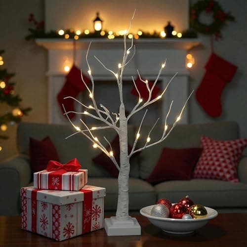 Image of Snowtime White Christmas Twig Tree with Lights, 60cm/2ft Small Birch Twig Tree Lights, Battery Operated & Warm White 24 LEDs Birch Tree Light for Christmas Decorations Indoor Bedroom Home Wedding