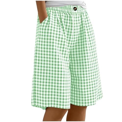 Image of Saxrel Green Gingham & Striped Girls' Cotton Linen Shorts - Loose-Fit Knee Length Kids Summer Shorts with Pockets Baggy Activewear for Walking Daily School Sports Outing Wear 13 Years