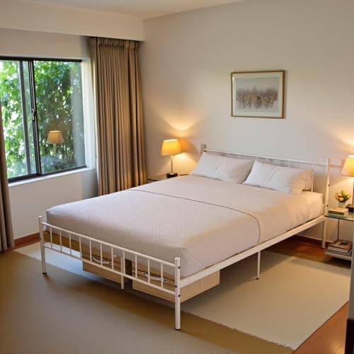 Image of DazzlerE Metal Bed Frame Double, Small Double Bed Frame 4ft with Underbed Storage, White, Suitable for 120x190 cm Mattress