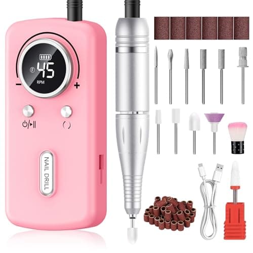 Image of PKBD 45000RPM Professional Nail Drill Machine for Acrylic and Gel Nails, Portable Rechargeable Electric Nail Files Set with 11 bits and LCD Display for Salon,Home and DIY, Pink