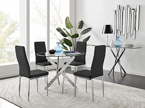 Image of Furniturebox UK Novara Modern Round Chrome Metal and Clear Glass Dining Table and 4 Stylish Faux Leather Chrome Leg Milan Dining Chairs Set (Table + 4 Black Milan Chairs)