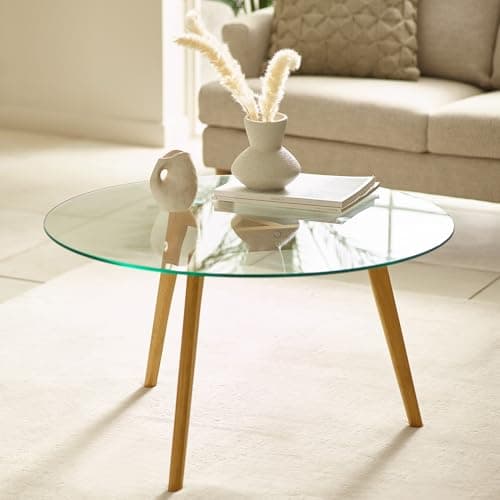 Image of Julian Bowen Bryant Round Coffee Table - Glass Living Room Furniture with Wooden Legs, Large Centre Table - W 80cm x H 45cm
