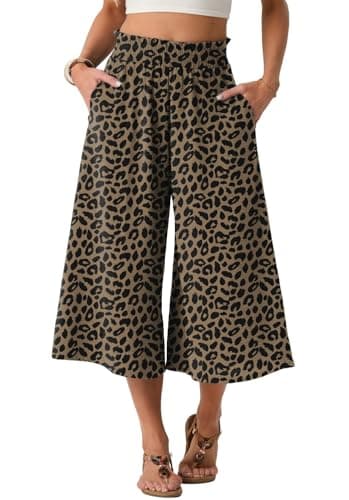 Image of PrinStory Wide Leg Trousers for Women UK Elasticated High Waist Capri Trousers Casual Palazzo Pants Loose Lounge Culottes (Ld Dark Khaki, XL)