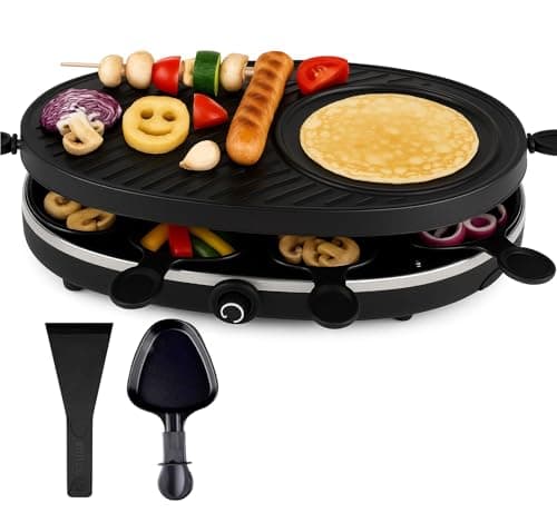 Image of Raclette set for 8 people - Oval grill - With function for crepes - Table grill incl. pans & scrapers - ROUND (TK49304)