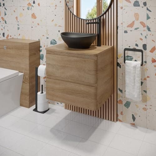 Image of Affine® Forma 600mm Bathroom Cloakroom Vanity Unit Countertop Black Oval Basin Sink Wall Hung Storage Furniture Soft Close Drawers, Oak Wood Effect