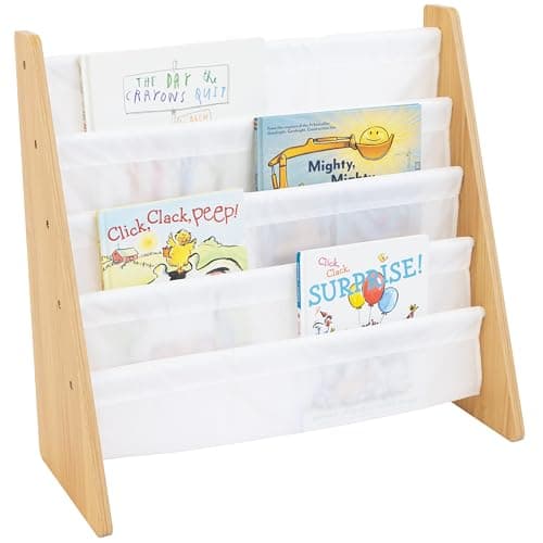 Image of Humble Crew Children’s & Toddler Wooden Bookshelf - 4 Tier Kids Book Storage with Forward Facing Display, Deep Fabric Pockets - Natural Wood/White