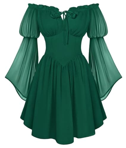 Image of SCARLET DARKNESS Women's Renaissance Corset Dress Summer Off Shoulder Mini Dresses Chiffon Long Sleeve Flowy Fairy Dress Dark Green XXL