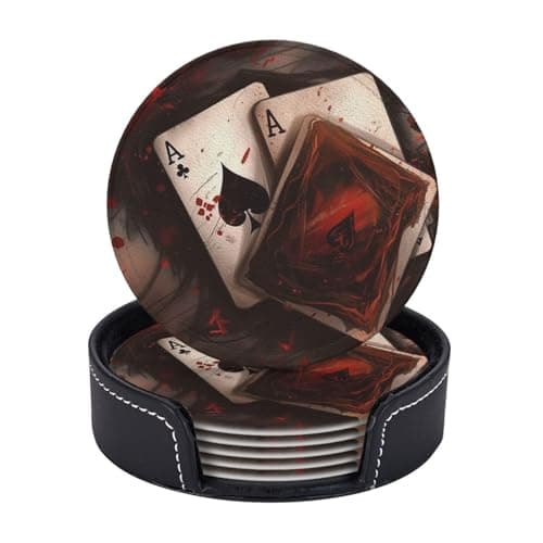 Image of 6Pcs Drink Coasters with Holder, Playing Cards Coasters for Drinks Leather Absorbent Coasters Set Heat-Resistant Mug Mats Round Coffee Cup Pads Housewarming Gifts for New Home