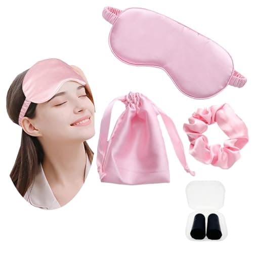 Image of JK Home Silk Eye Mask Travel Set with Pouch Earplug and Hair Scrunchies, Satin Sleep Mask Soft Eye Cover Eyemask for Women Men Blackout with Elastic Strap for Night Travel Nap Pink