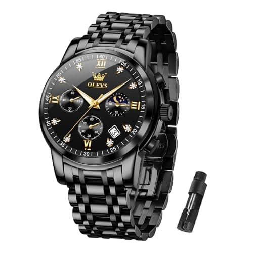 Image of OLEVS Men's Chronograph Watch Gold Black Stainless Steel Analog Quartz Men's Watch Waterproof Multi-Function Dial with Date Luminous Business Watches for Men