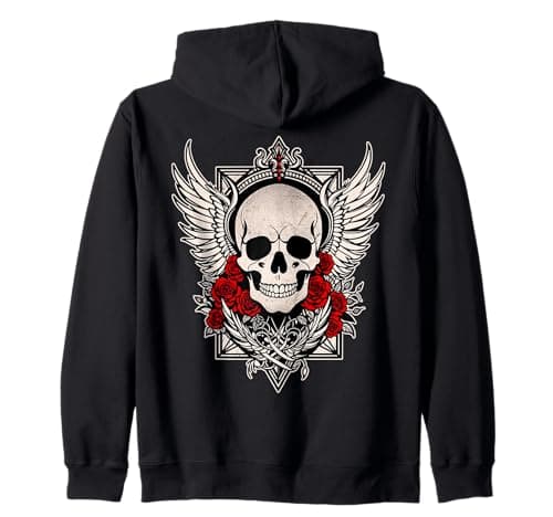 Image of Skull, wings & red roses gothic rock dark Zip Hoodie