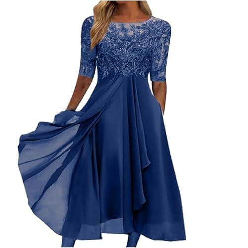 Image of Dresses for Women UK Sexy Lace Chiffon Mesh Patchwork Maxi Dress Plain Half Sleeve Round Neck Long Dress Evening Dress Elegant Party Club Dress Cocktail Rehearsal Dinner Guest Wedding Bridesmaid Gowns