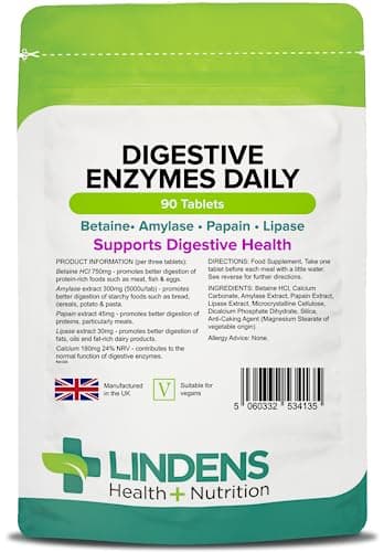 Image of Lindens - Digestive Enzymes Daily Tablets - 90 Tablets - UK Made - Contains Betaine Hcl, Papain, Amylase & Lipase to Promote Better Digestion - Letterbox Friendly, Vegan