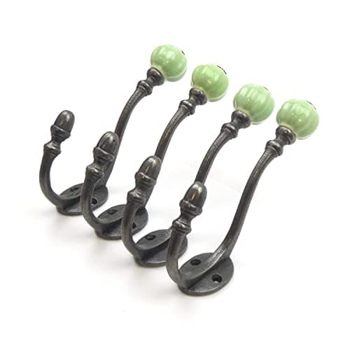 Image of Oakcrafts - Ceramic Tipped Shabby Chic Cast Iron Coat Hook 125mm (Green) - Pack of 4 Hooks