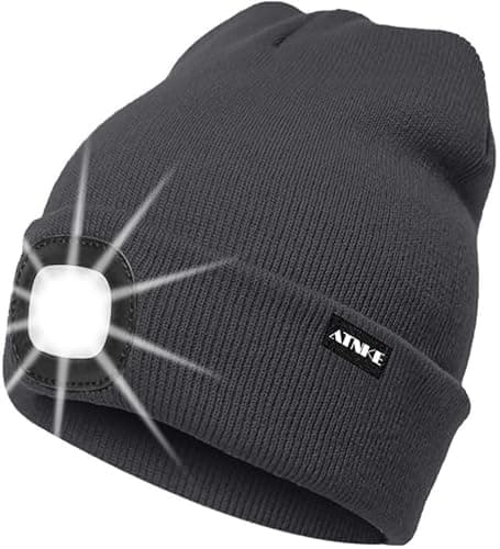 Image of ATNKE LED Lighted Beanie Cap,USB Rechargeable Running Hat Ultra Bright 4 LED Waterproof Light Winter Warm Gifts for Men and Women/Noble Gray