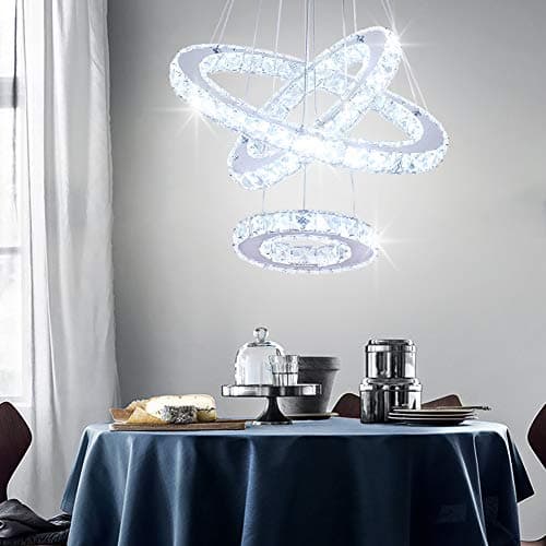 Image of Dixun LED Chandeliers Modern Ceiling Light Fixture 3 Rings Adjustable Stainless Steel Pendant Light Chandelier for Bedrooms Living Room (Cool White)