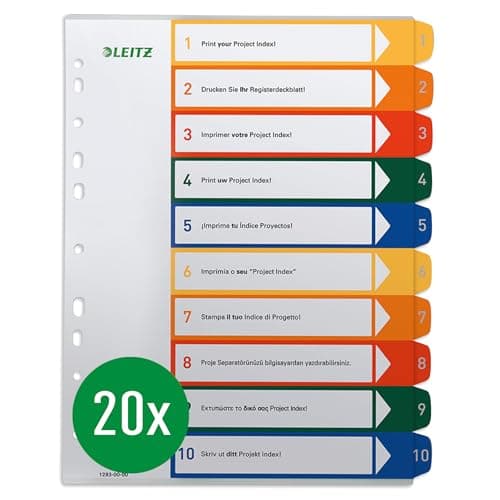 Image of Leitz A4 Index Tabs, Pack of 10, 1-10, 10 Dividers, Writeable Cover Sheet, Extra Wide, Polypropylene, Multi-Colour, 12930000