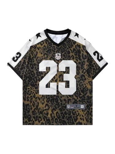 Image of GORGLITTER Men's Leopard Number Graphic Jersey Shirts Colorblock V Neck Short Sleeve Y2k Sports Tee Tops Brown X-Large