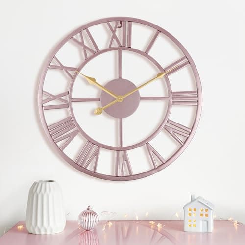 Image of Lafocuse Large Pink Wall Clock Rose Gold Silent Metal with 2 Pairs of Hands, Elegant Roman Numerals Wall Clocks, Big Clock for Living Room Decor Bedroom Office Home, 16 Inch