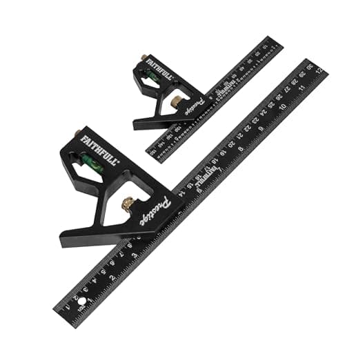 Image of Faithfull Prestige Combination Square Twin Pack Black Aluminium 150mm (6in) & 300mm (12in) – Multi-Function Measuring & Layout Tools with Spirit Level & Marking Scribe for Woodworking & Metalwork