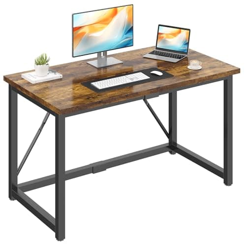 Image of JUMMICO Computer Desk Table Workstation 140 x 50 x 75 cm for Office Living Room Bedroom Simple Assembly Industrial Design Black Desk Metal Frame,Rustic Brown