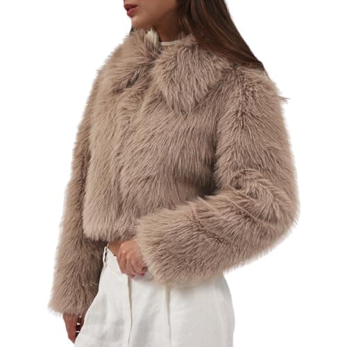 Image of Amazhiyu Womens Faux Fur Coat, Winter Long Sleeve Jacket Crew Neck Zip-Up Outwear Plush Warm Winter Coat Khaki XXL