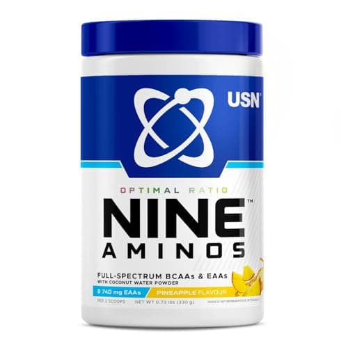 Image of USN Nine Aminos – BCAA Amino Acids & EAA Essential Amino Acids Powder with Added Magnesium & Coconut Water Powder to Support Recovery and Hydration. Pineapple Flavour (330g – 30 Servings)