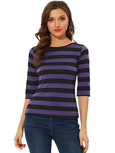 Image of Allegra K Women's 3/4 Sleeves Top Round Neck Slim Fit Tee Casual Leopard Floral Breton Printed T-Shirt Black Purple 12
