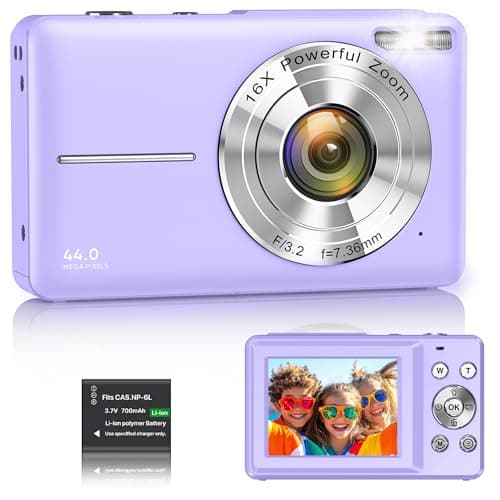 Image of Digital Camera 1080P 44MP Vlogging Camera for Kids Teens, FHD Compact Portable Photo Camera with 2.4" Screen 16X Zoom, Anti-shake Mini Camera for Beginners Students Boys Girls-Purple