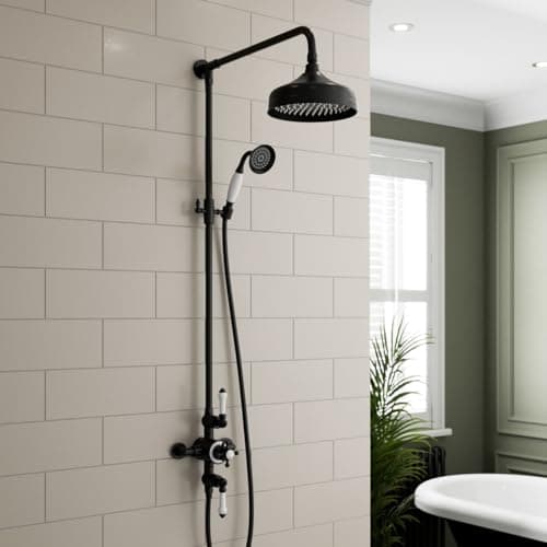 Image of Park Lane® Bathroom Thermostatic Mixer Shower, Traditional Crosshead Exposed Bar Valve Round Drencher Rainfall Head, Hose & Handset, Black