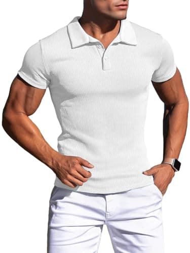 Image of Agilelin Men's Muscle Slim Fit Polo Shirts Short Sleeve Stretch T-Shirts Casual Stylish Tee for Golf Workout(White/XS)