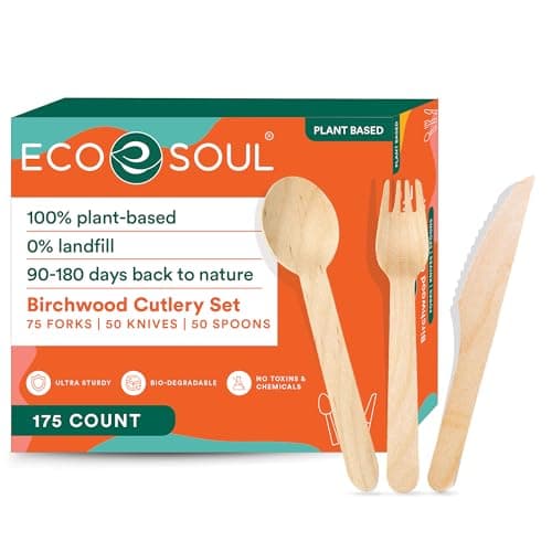 Image of ECO SOUL Disposable Wooden Cutlery Set (175 Pack) - Eco Friendly 75 Forks, 50 Spoons & 50 Knives, Biodegradable & Compostable Cutlery Set for Party Wedding Picnic - Packaging May Vary