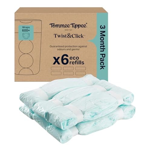 Image of Tommee Tippee Twist & Click Nappy Bin Refills, Pack of 6, each 10.5 metres, Multilayer, Antibacterial* Film, Designed to Slot into Your Existing Twist & Click Nappy Bin Cassette (6 X 10.5m)
