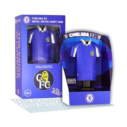 Image of Chelsea FC 1998 Retro Home Metal Football Shirt - Officially Licensed Miniature Alloy Replica Jersey Collectible Display Gift - Personalise Customisable Name & Number Decals