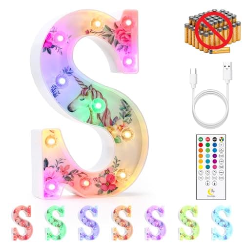 Image of mooncow Rechargeable Unicorn Light Up Letters,Durable Marquee Letters,Colorful Initial Night Light with Remote,Wall Decor,Bedroom Decor,Party Decoration,Gift Wrap Gifts (S)