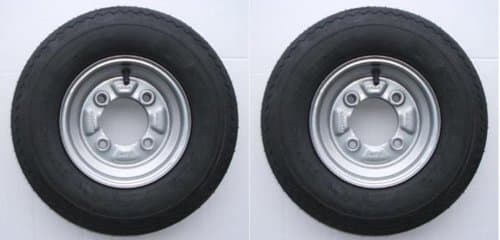 Image of A pair of 400 4.00 4.80 x 8 inch trailer wheels & tyres with 4 ply tyre & 115mm PCD. PLEASE DO NOT BUY UNTIL YOU HAVE CHECKED YOUR PCD THIS WHEEL ONLY FITS Daxara 107, ERDE 122 & Maypole MP6812