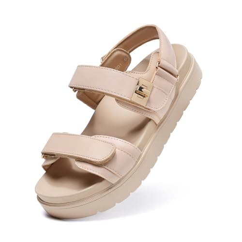 Image of Bella Bays Women's Flatform Sandals Chunky Soft Comfortable Lightweight Ladies Summer Flat Shoes Adjustable Double Strap Thick Leather Insole Sandals Beige Size 4 UK