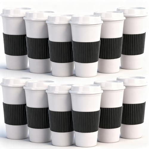 Image of Yisituo Plastic Coffee Cups with Lids, 12 Pack 480ml Reusable Tumblers for Adults, for Hot & Cold Drinks, Microwaveable Travel Mugs (12, White)