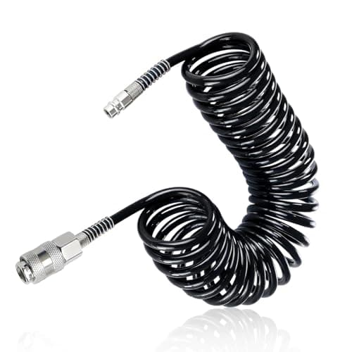 Image of TIANLIN 9M PU Air Compressor Hose Black, with 1/4" Quick Connect Fittings, Coiled Air Line Hose 4mm x 6mm (Max Pressure 10 Bar) for Compressor