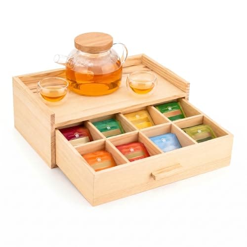 Image of SUNNYNEST Wooden Tea Bag Storage Box with Drawer, Pine Wood Tea Bag Storage Rack with 8 Compartments, Tea Box Storage Rack for Countertop, Tea Organiser & Tea Set Display Cabinet