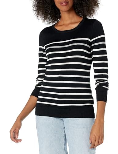 Image of Amazon Essentials Women's Long-Sleeve Lightweight Crewneck Jumper (Available in Plus Size), Black Grey White Stripes, L